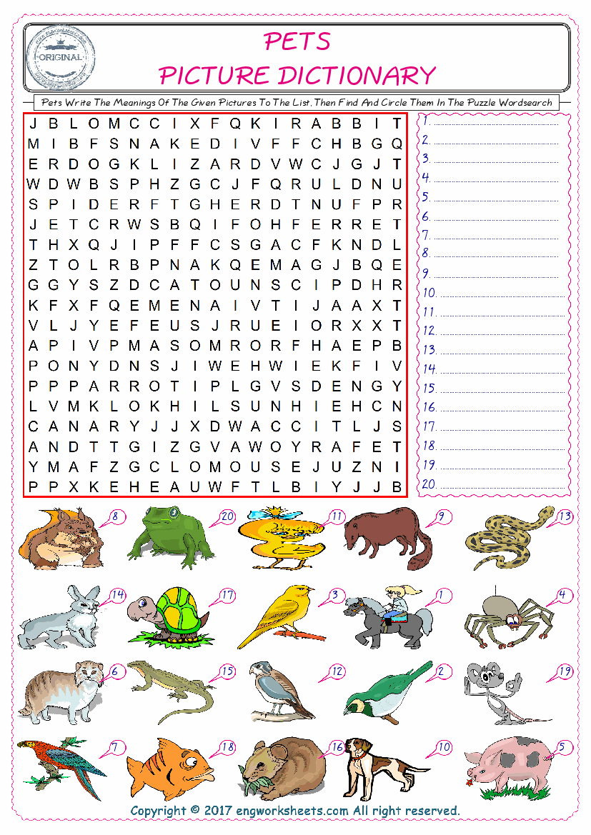  For kids, check the picture of Pets find, and write the word and find it in the word puzzle ESL printable worksheet. 